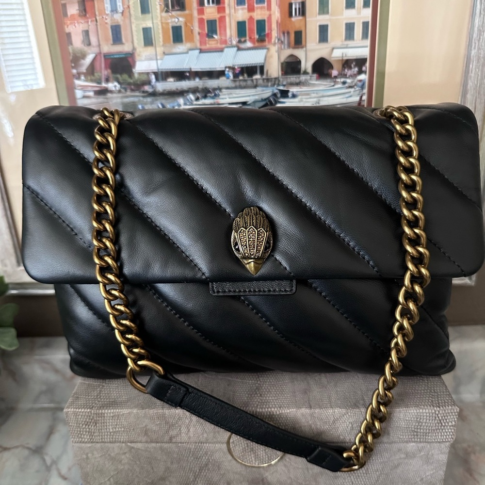 Kurt Geiger “Kensington” Black Quilted Shoulder Bag with Gold Chain
